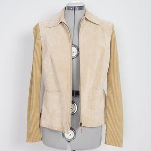 AMI Beige Tan Leather Suede Jacket with Rib Knit Sleeves Sz Small